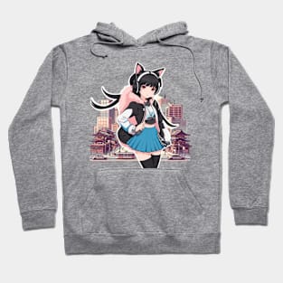 Nekomimi Otaku Fashion: A stylish cat girl in the city Hoodie